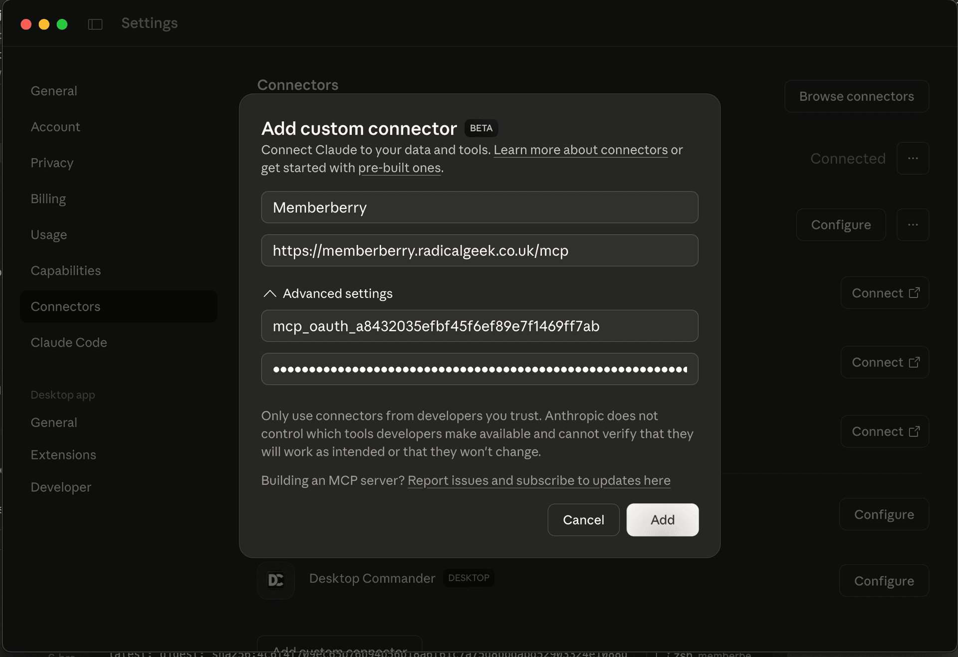 Memberberry successfully connected in Claude Desktop